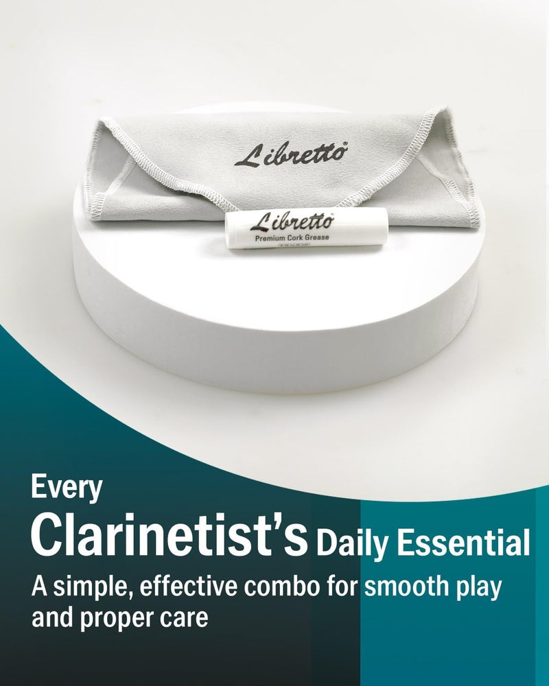 Libretto Clarinet Cleaning Swab Kit – Gray Teardrop-Shaped Pull-Through Microfiber Swab and 0.16 oz Cork Grease - Image 2